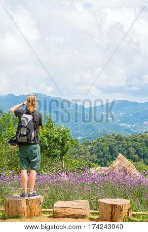 Man Looking Stunning Views of Mon Jam Mountain Chaingmai Thailand.