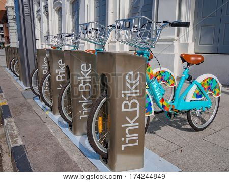 Penang, Malaysia - January 28, 2017: LinkBike service. Bike sharing is a transportation service which provides users point-to-point transportation for short distance trips