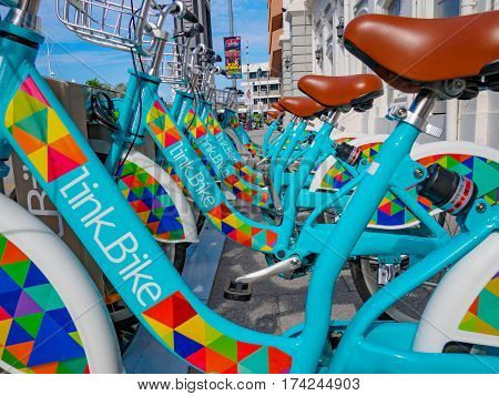 Penang, Malaysia - January 28, 2017: LinkBike service. Bike sharing is a transportation service which provides users point-to-point transportation for short distance trips