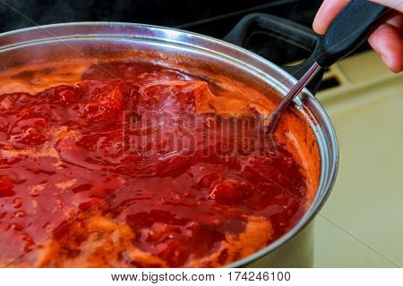 Borsch vegetable soup on the wood plate board on the red background Ukrainian borsch cooking