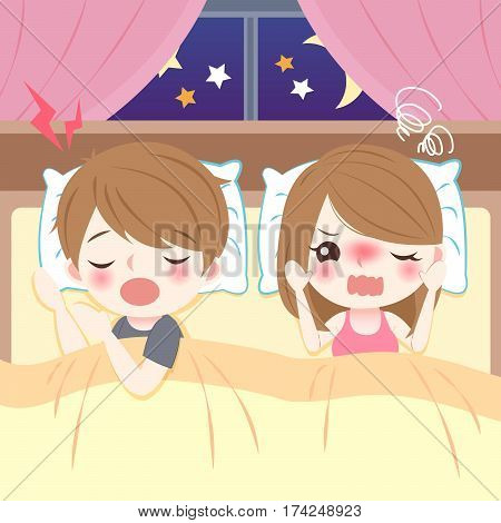 cartoon young couple sleep on bed with snore