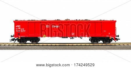 Estonia, Tallinn, February 24. 2017. Freight train model railroad on white background