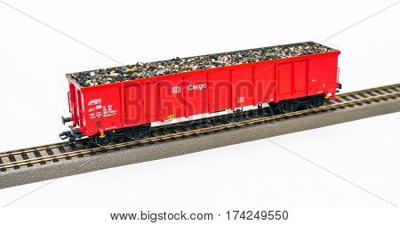Estonia, Tallinn, February 24. 2017. Freight train model railroad on white background