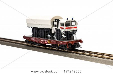 Estonia, Tallinn, February 24. 2017. Freight train model railroad on white background
