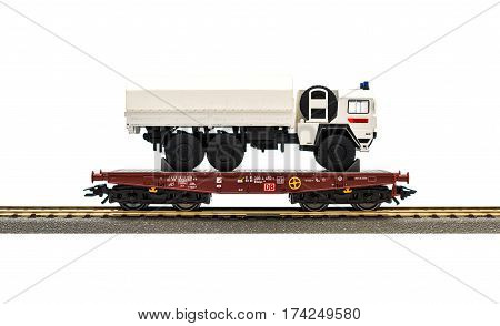 Estonia, Tallinn, February 24. 2017. Freight train model railroad on white background