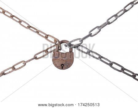 Metal chain and lock on white background    