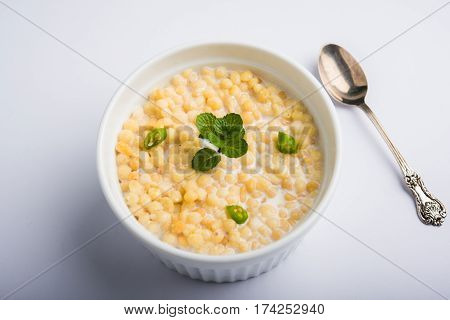 Dahi Bundi or Boondi Raita, favourite indian started or side dish made using Rajasthani snack food made from sweetened, fried chickpea flour, called Boondi with sweet and salty curd or buttermilk