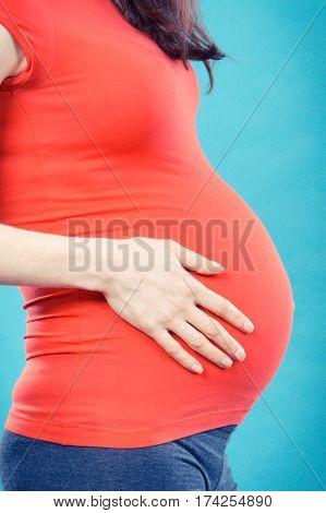 Pregnant Woman With Stomach Pain Touching Her Belly, Aches In Pregnancy And Risk Of Miscarriage