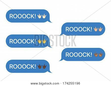 Set of SMS bubbles messages with dialog words and emoji. Vector illustration. Rock word and greeting gesture
