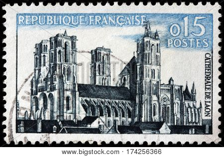 LUGA RUSSIA - FEBRUARY 7 2017: A stamp printed by FRANCE shows view of Laon Cathedral. Laon is the capital city of the Aisne department in Hauts-de-France northern France circa 1960