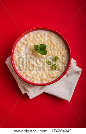 Dahi Bundi or Boondi Raita, favourite indian started or side dish made using Rajasthani snack food made from sweetened, fried chickpea flour, called Boondi with sweet and salty curd or buttermilk