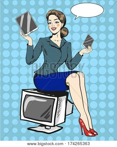 Vector illustration of woman advertising gadgets. Young lady sitting on TV set and holding tablet and smart phone in retro pop art comic style. Speech bubble.