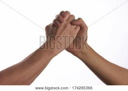 Modern handshake of two male people to show each other friendship and respect isolated on white background.