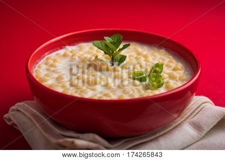 Dahi Bundi or Boondi Raita, favourite indian started or side dish made using Rajasthani snack food made from sweetened, fried chickpea flour, called Boondi with sweet and salty curd or buttermilk