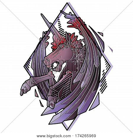Graphic crystallizing demonic horse. Evil unicorn with sword wings. Vector fantasy art isolated on white background