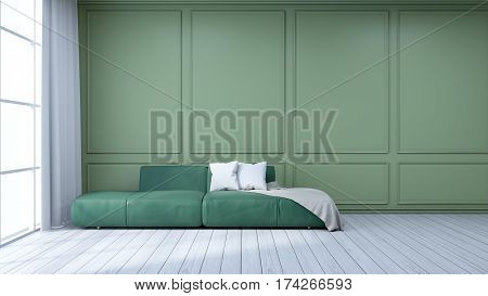 Minimalist interior design green sofa on green frame wall and white flooring 3d render