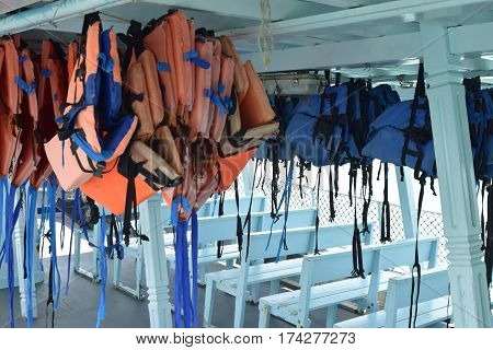 Life jacket on the passenger boat to help the passenger can float on the water when boat had an accident or capsize.