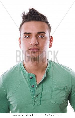 young turkish man with spiky hair, isolated on white