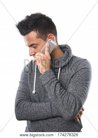 young turkish man with mobile phone, isolated on white