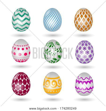 Happy easter eggs icons. Colored vector paschal egg set with decoration pattern isolated on white background. Paschal eggs with color decoration illustration
