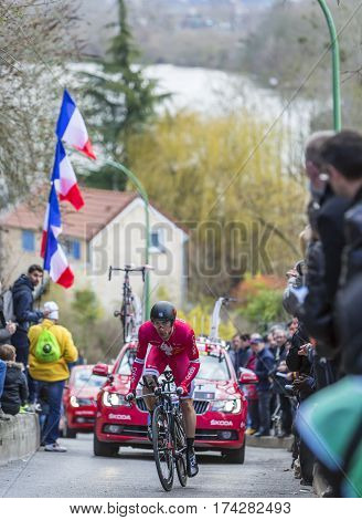 Conflans-Sainte-HonorineFrance-March 62016: The French cyclist Jerome Cousin of Cofidis Team riding during the prologue stage of Paris-Nice 2016.