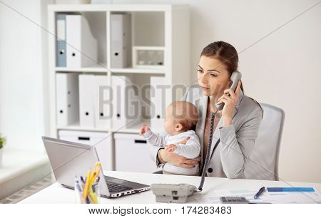 business, motherhood, multi-tasking, family and people concept - businesswoman with baby calling on phone at office