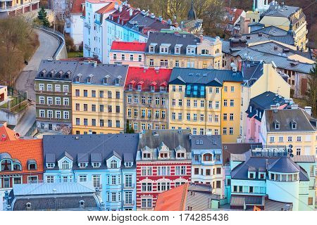 Karlovy Vary aerial panoramic famous spa town view, Czech Republic