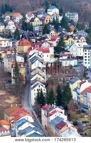 Karlovy Vary aerial panoramic famous spa town view, Czech Republic