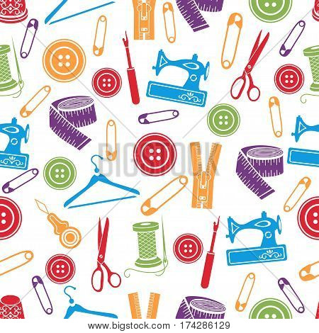 Sewing Tools Seamless Pattern, Vector Background. Multicolored Sewing Supplies On White Background.