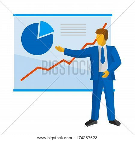 Businessman In Blue Suit Shows A Poster With Charts.