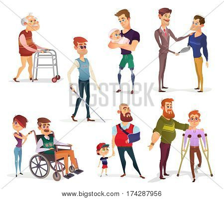Set of vector cartoon illustrations of people with disabilities among others. Men with limited opportunities in a wheelchair, on crutches, with prosthetic legs and arm, visually impaired