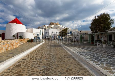 ASTYPALEA, GREECE - FEBRUARY 2, 2017: Windmills in the main square of Chora on Astypalea island on February 2, 2017.