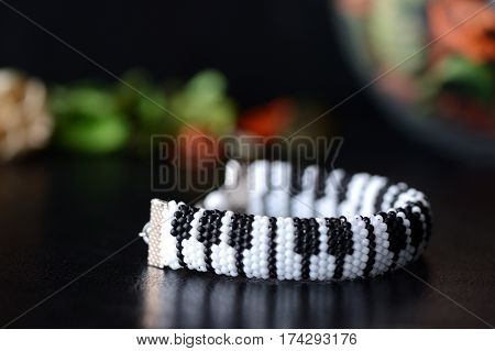Handmade Beaded Bracelet Like Piano Keyboard On A Dark Background