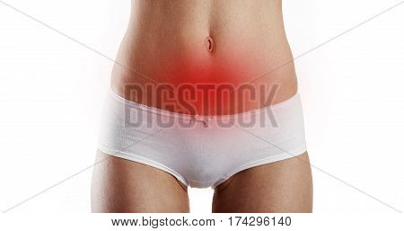 Close-up of female painful abdomen. Concept of stomachache and bowel problem.