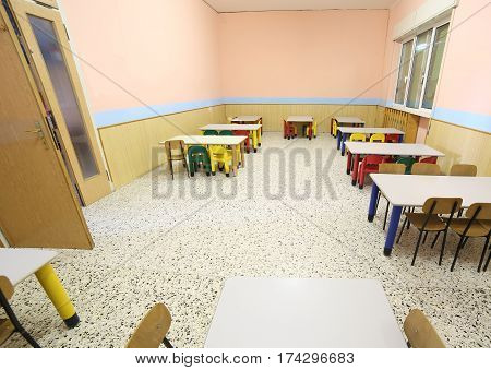 Refectory Of A School For Children With Small Chairs And Tables