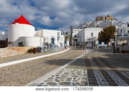 ASTYPALEA, GREECE - FEBRUARY 2, 2017: Windmills in the main square of Chora on Astypalea island on February 2, 2017.