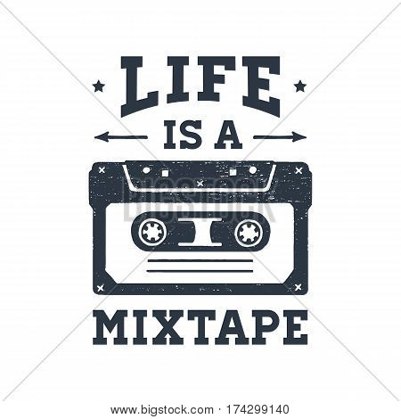 Hand drawn 90s themed badge with cassette tape textured vector illustration and 