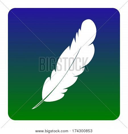 Feather sign illustration. Vector. White icon at green-blue gradient square with rounded corners on white background. Isolated.