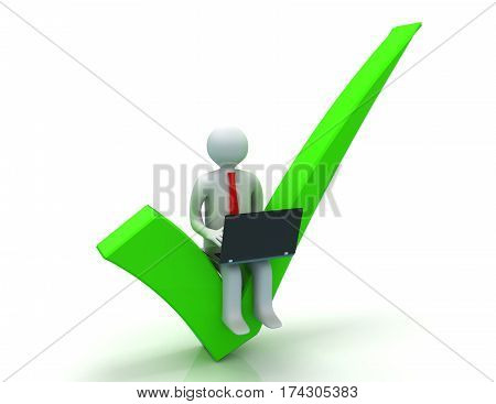 3d rendering of man with laptop sitting on the right mark