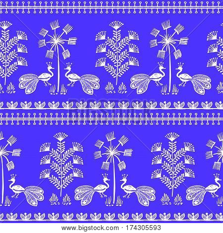 Warli Art painting seamless pattern - hand drawn traditional the ancient tribal art India. Pictorial language is matched by a rudimentary technique depicting rural life of the inhabitants of India