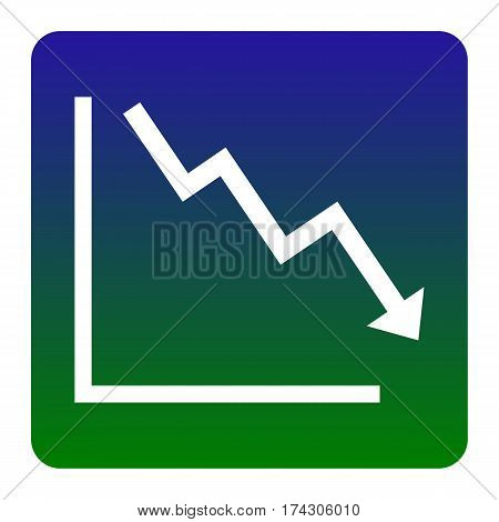 Arrow pointing downwards showing crisis. Vector. White icon at green-blue gradient square with rounded corners on white background. Isolated.