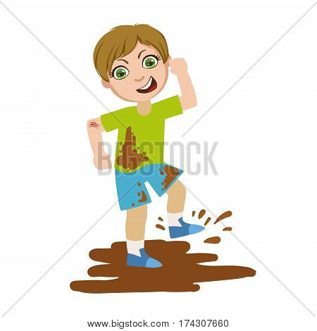 Boy Jumping In Dirt, Part Of Bad Kids Behavior And Bullies Series Of Vector Illustrations With Characters Being Rude And Offensive. Schoolboy With Aggressive Behavior Acting Out And Offending Other Children..