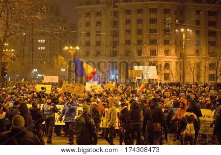 Bucharest Romania - January 29 2017: Thousand people marched through the Romanian capital on Wednesday night to protest the government's plan to pardon thousands of prisoners.