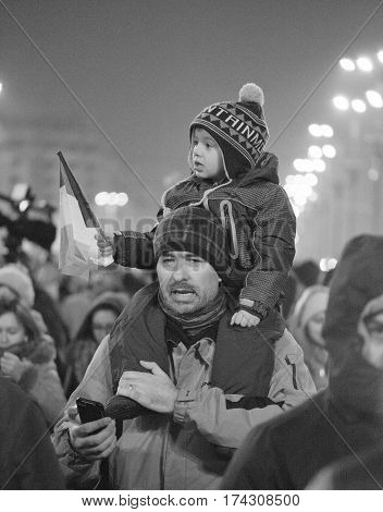 Bucharest Romania - January 2017: Thousand people marched through the Romanian capital on Wednesday night to protest the government's plan to pardon thousands of prisoners.