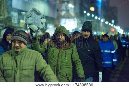 Bucharest Romania - January 29 2017: Thousand people marched through the Romanian capital on Wednesday night to protest the government's plan to pardon thousands of prisoners.
