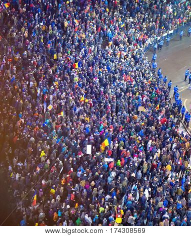 Bucharest Romania - January 29 2017: Thousand people marched through the Romanian capital on Wednesday night to protest the government's plan to pardon thousands of prisoners.