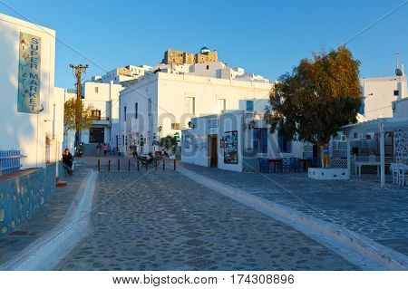 ASTYPALEA, GREECE - FEBRUARY 2, 2017: Restaurants in the main square of Chora on Astypalea island on February 2, 2017.