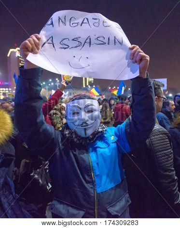 Bucharest Romania - January 2017: Thousand people marched through the Romanian capital on Wednesday night to protest the government's plan to pardon thousands of prisoners.