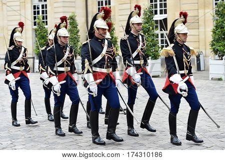 PARIS FRANCE - JUNE 10: Hotel Matignon Republican Guards of honor during a welcome ceremony on JUNE 10 2016 in Paris. Matignon is the official residence of the Prime Minister of France.