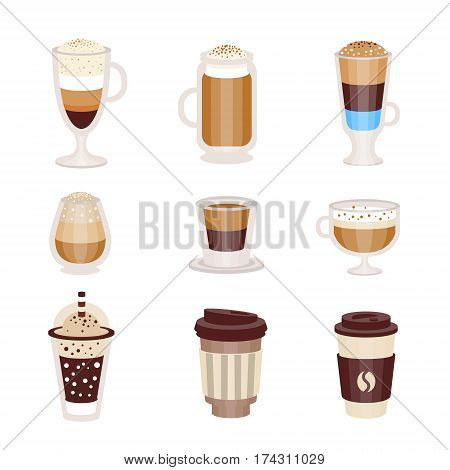 Coffee Hot And Cold Cocktails Menu Assortment Of Coffee Shop Cafe, Set Of Isolated Icons. Different Coffee Based Drinks In Cups And Glasses Cartoon Vector Objects.